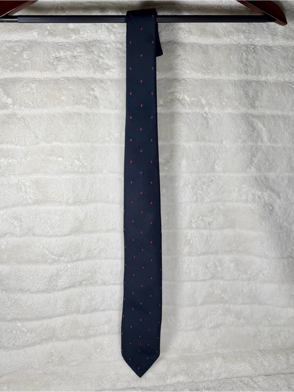 Christian Dior Men's Vintage Navy Blue w/ Red Dot Pattern And Logo Necktie
